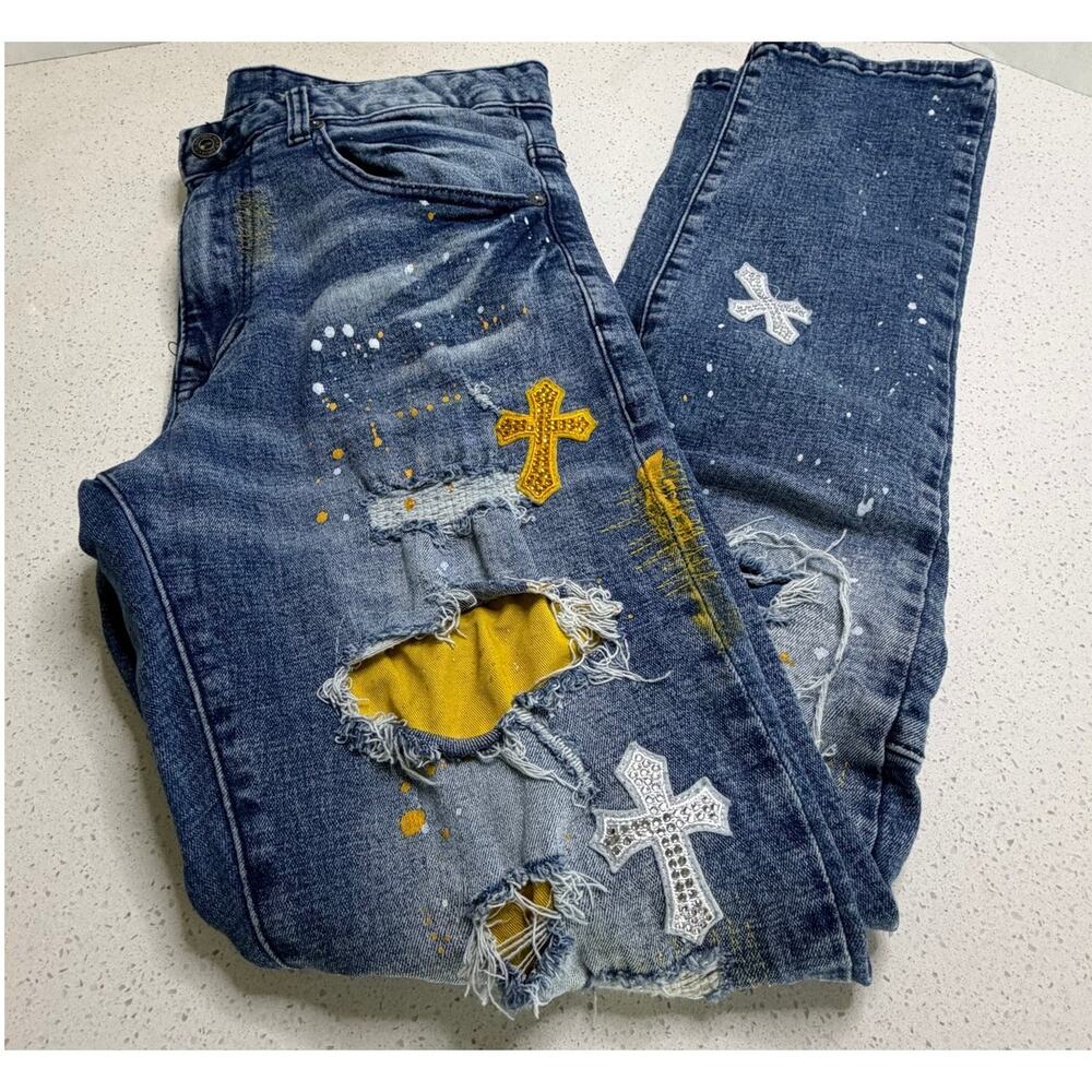 Smoke Rise men's distressed jeans yellow white paint splatter accents 32/32